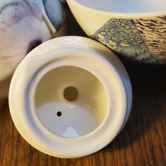 SUMMER RIVER Tea for One TEAPOT W/ TASSEL CUP LID Peacock Floral Porcelain 6 in - Picture 9 of 10